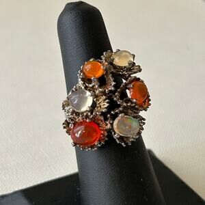 Vintage Brutalist Sterling Silver Ring w/ Opal & Carnelian Cabochons, Size 7